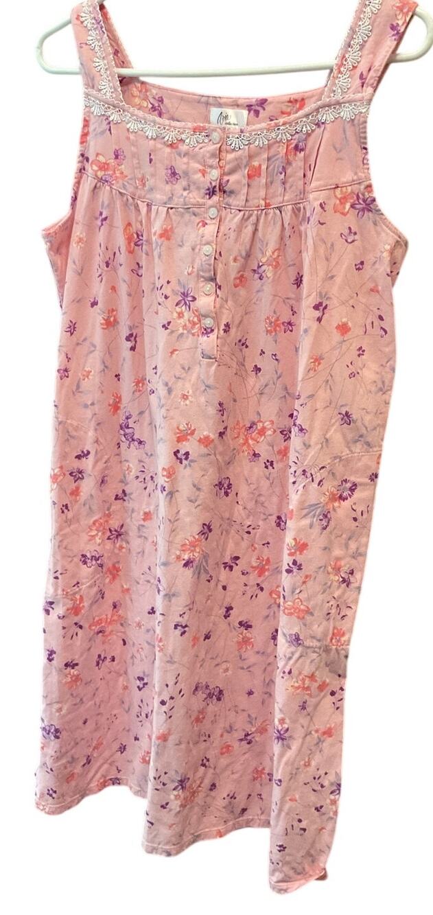 NWOT ARIA 100% Cotton Nightgown Size Large PINK Floral Sleeveless Lace Trim